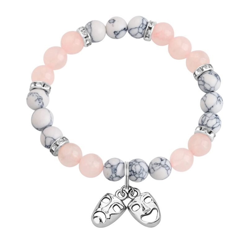 Comedy and tragedy mask beaded bracelet Rose Quartz + White Turquoise